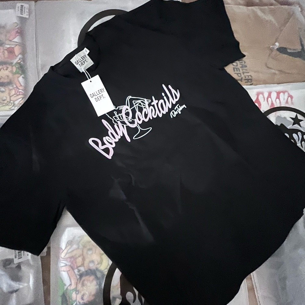 Gallery Dept Black Tee with White and Pink Graphics